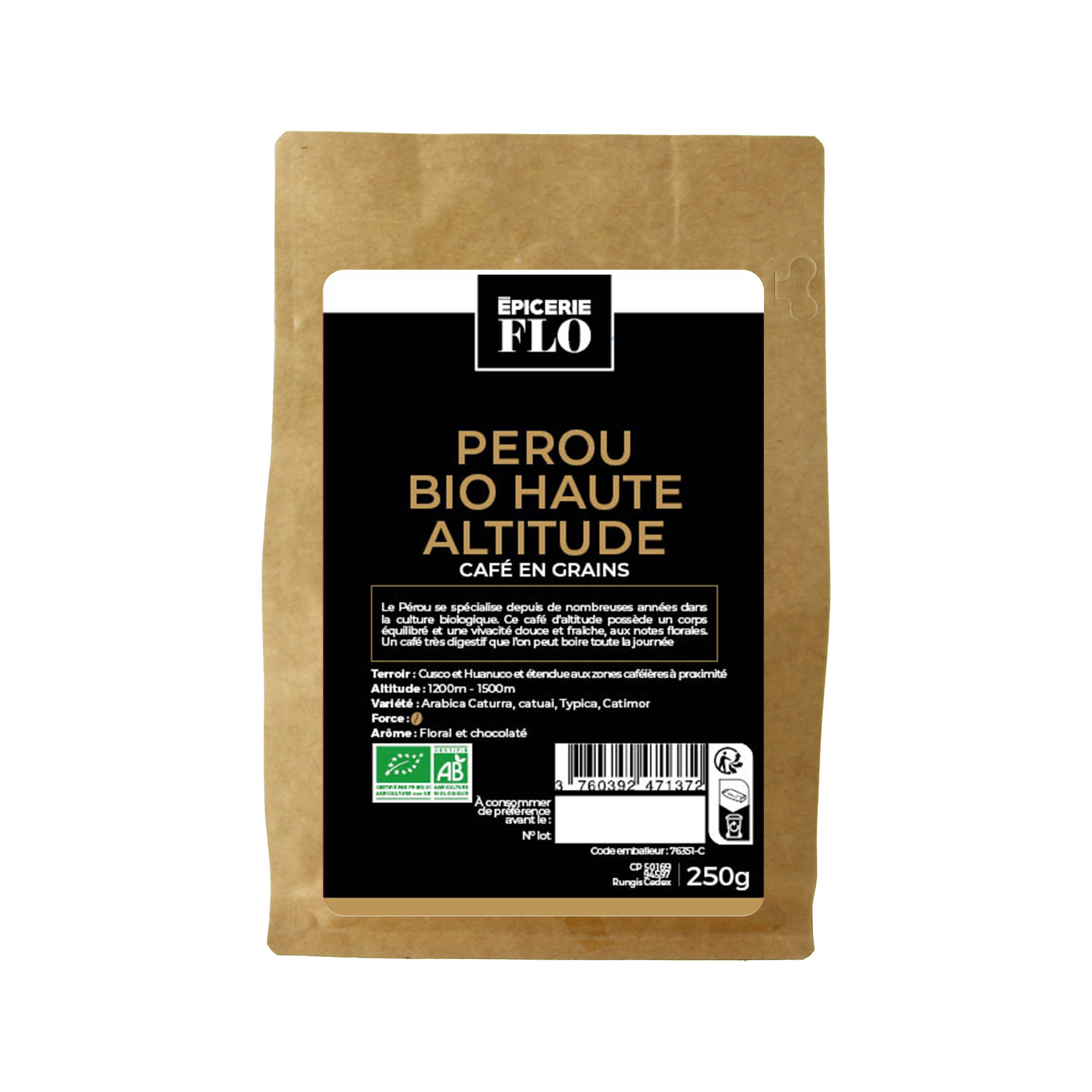 Café pure origine : Pérou bio en grains  - 250g
