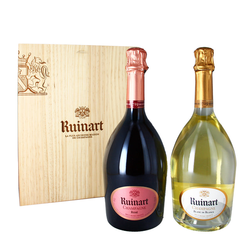 Champagne coffret bois Blanc de Blancs et Rosé Ruinart 2 bouteilles - 75cl