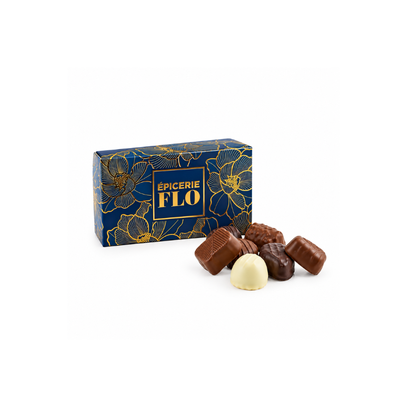 Ballotin de chocolats fins assortis, boîte bleue et or - 150g