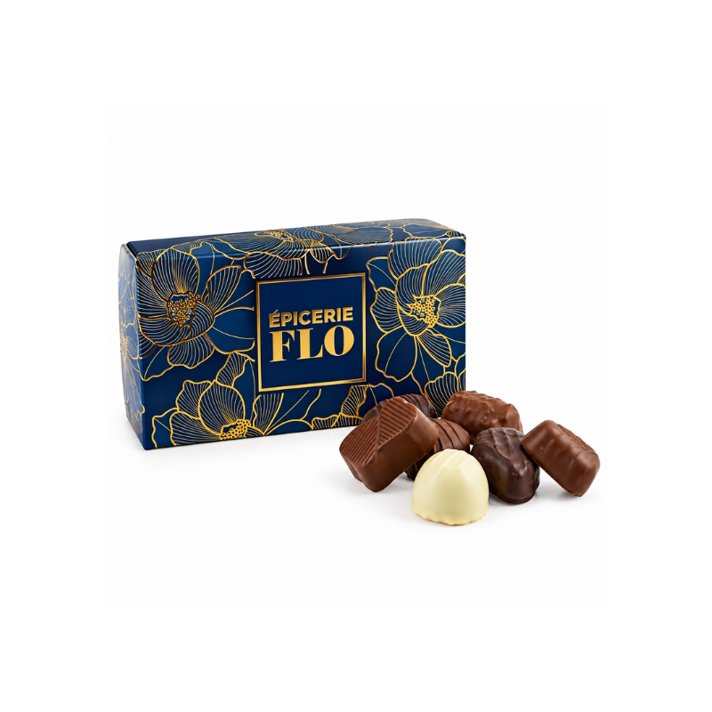 Ballotin de chocolats fins assortis, boîte bleue et or - 280g