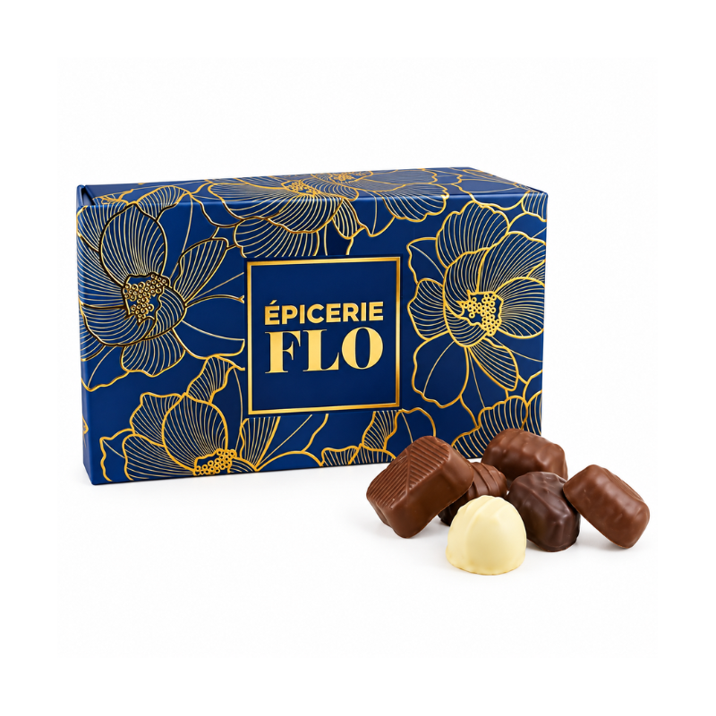 Ballotin de chocolats fins assortis, boîte bleue et or - 650g