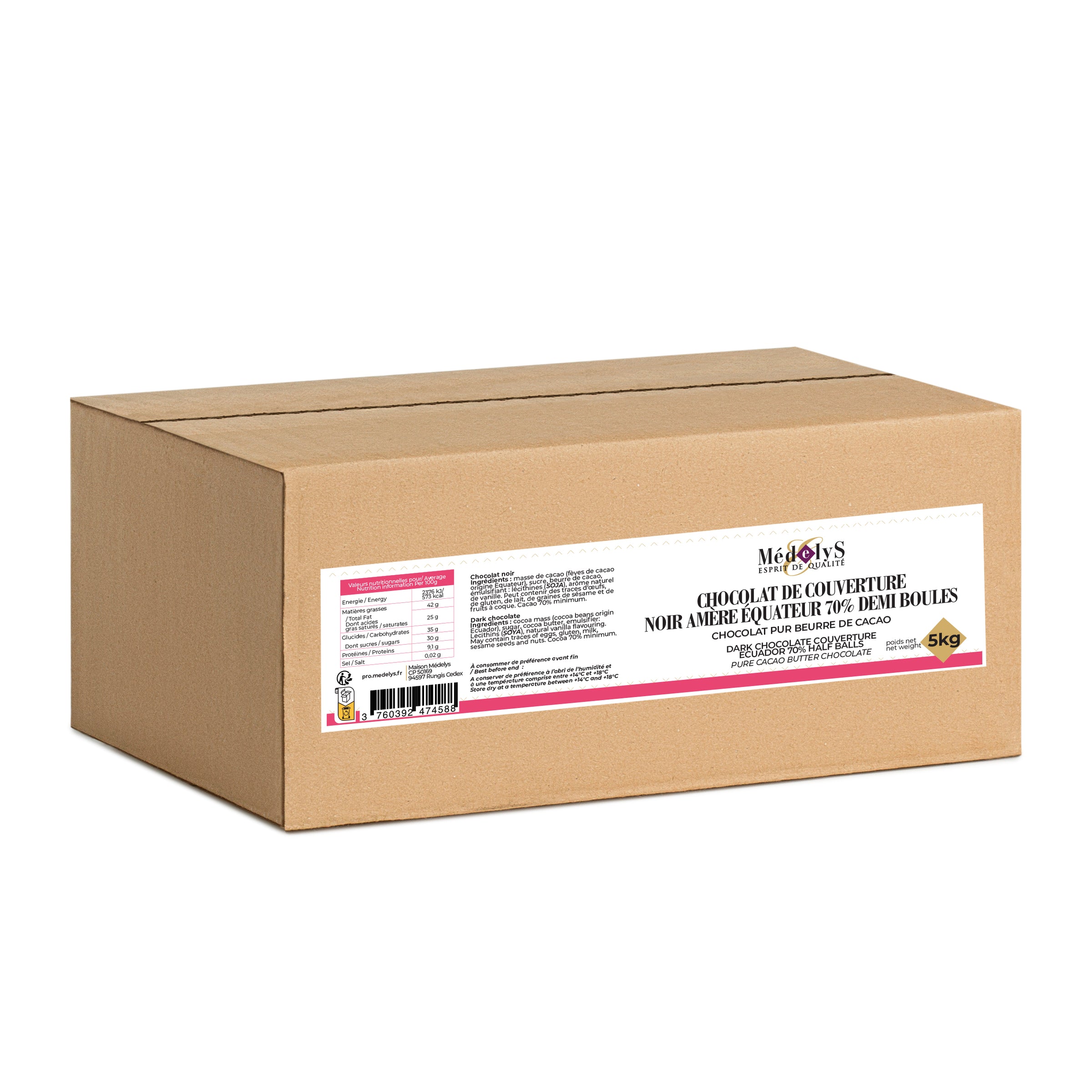 Chocolat de couverture noir amer 70% Equateur en 1/2 boules de 3.5g - 5kg