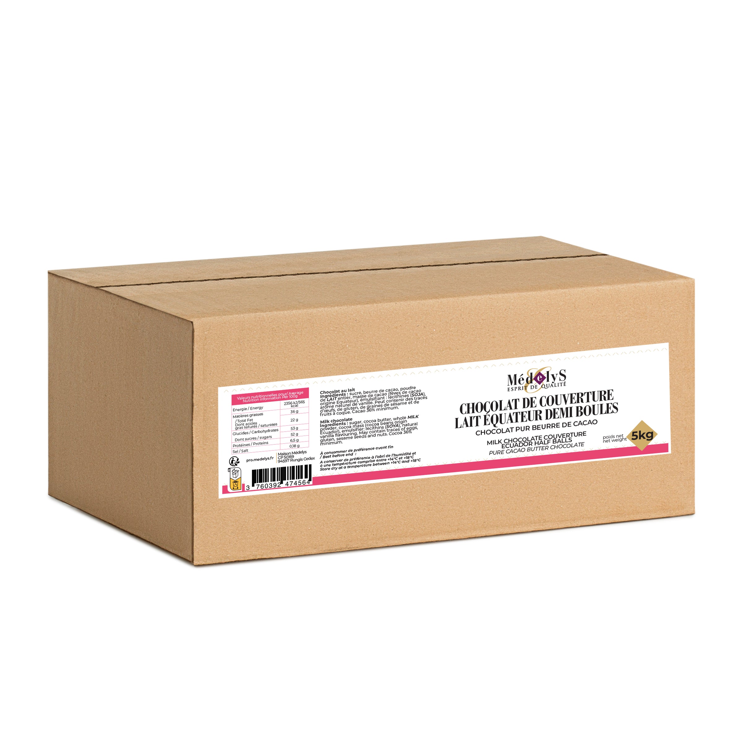 Chocolat de couverture au lait 36% Equateur en 1/2 boules de 3.5g - 5kg