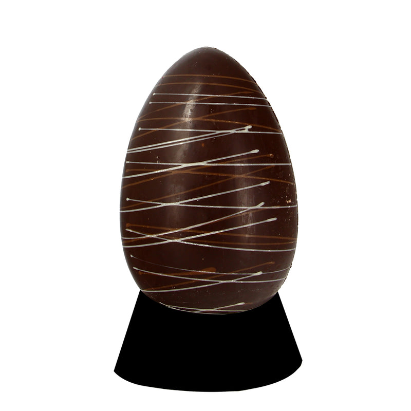 Oeuf en chocolat noir décor rayé avec support - 180g