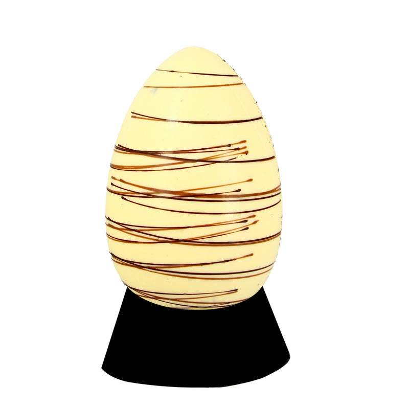 Oeuf en chocolat blanc décor rayé avec support - 180g