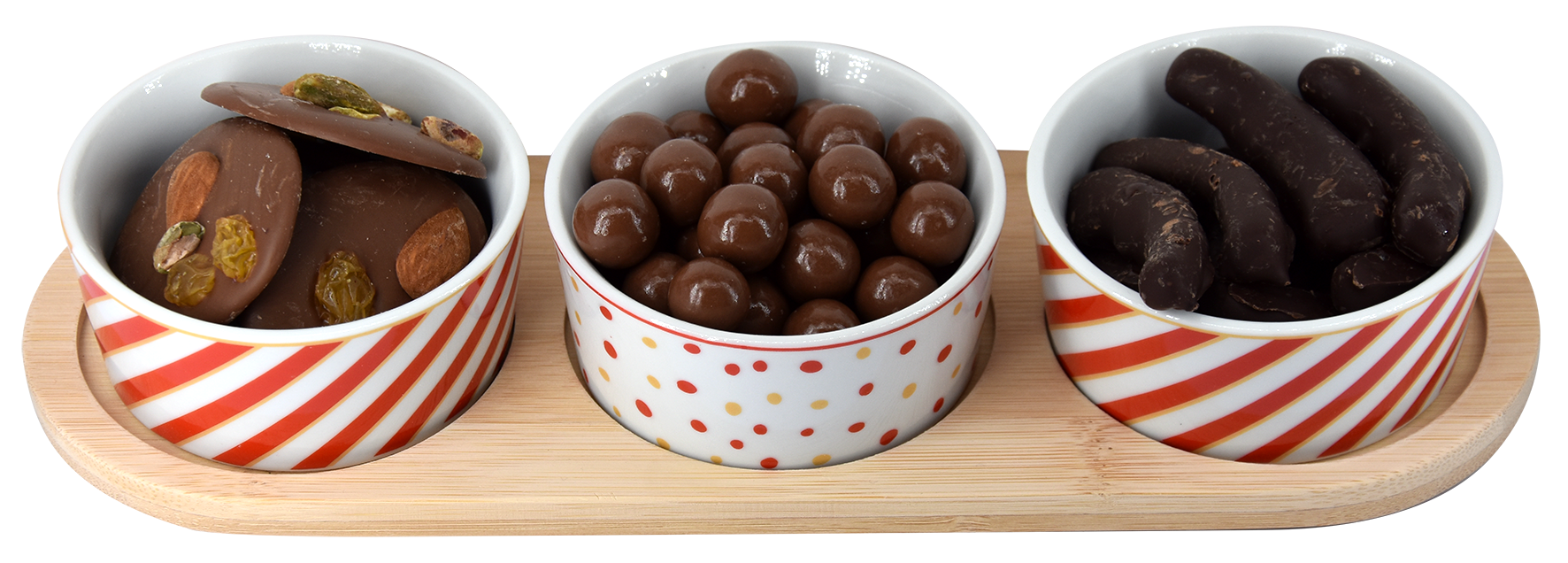 Plateau "Fiesta" 3 pots: mendiants lait, orangettes noires et Crousti Mix lait - 250g