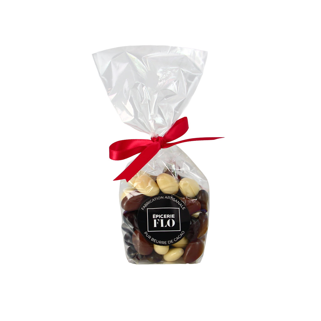 Amandes enrobées de chocolat au lait, noir et blanc - 130g