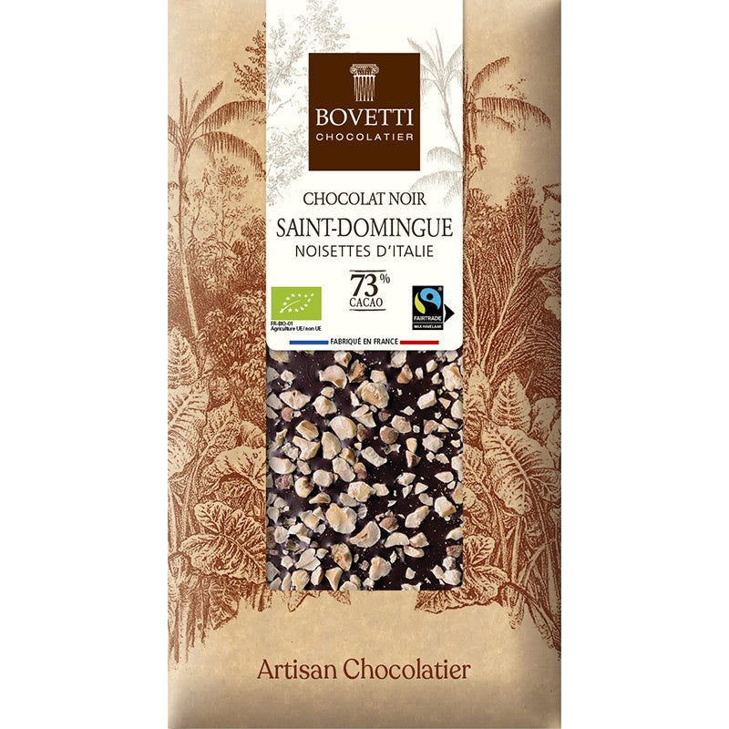Tablette de chocolat noir St Domingue 73% et noisettes d'Italie - 100g