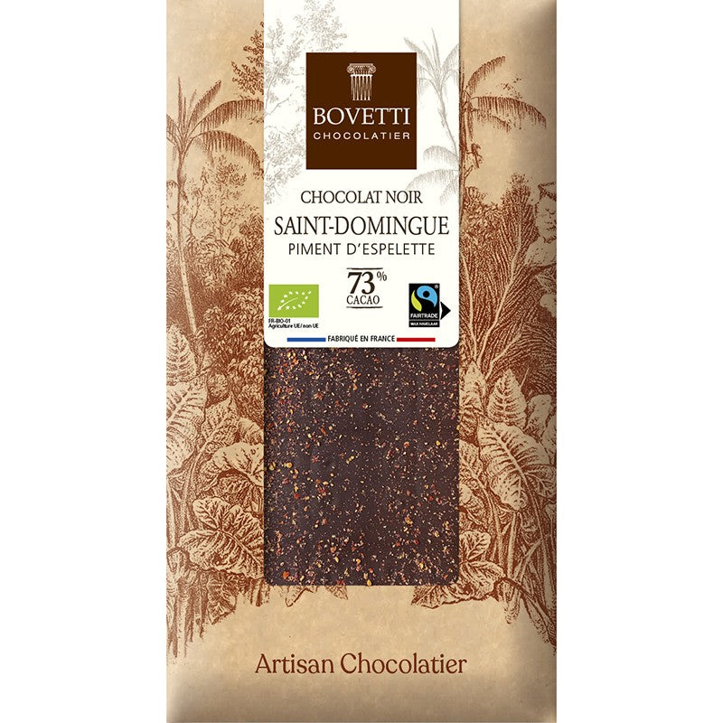 Tablette de chocolat noir St Domingue 73% et piment d'Espelette - 100g