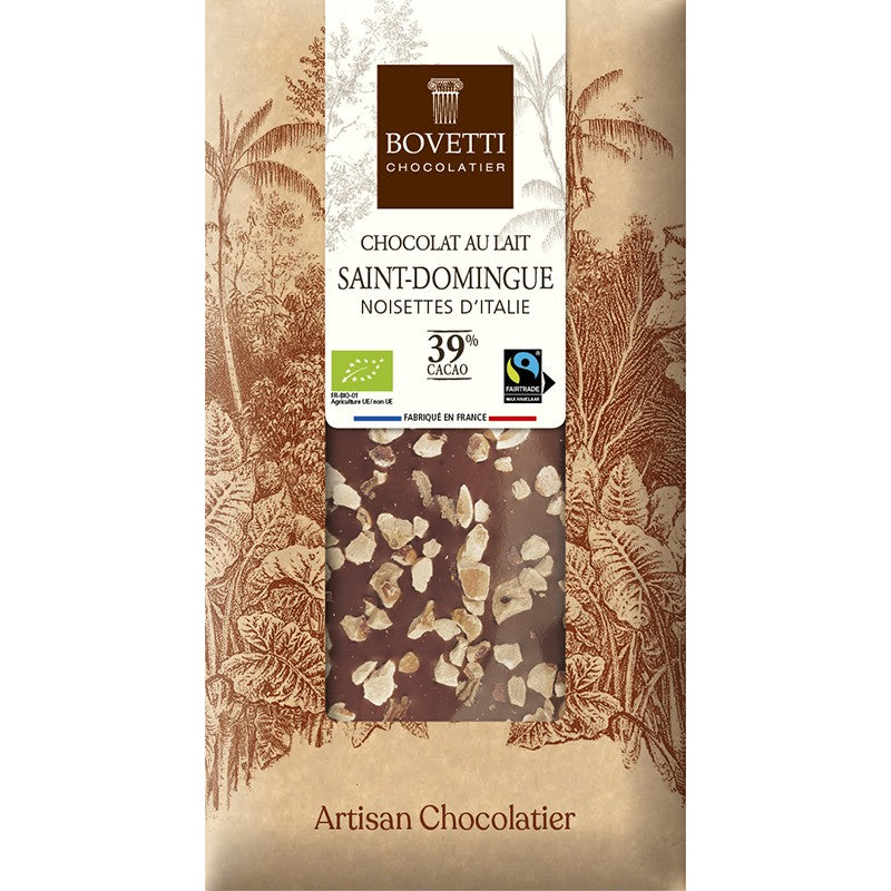 Tablette de chocolat au lait origine St Domingue 39% et noisette d'Italie - 100g