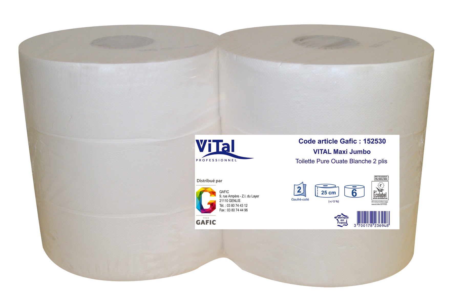 Papier toilette - 2 plis gaufrés collés - Maxi Jumbo ( 152530 ) (1 X 6 unités )