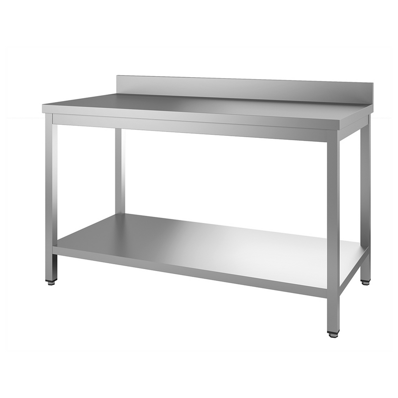 000158 - table inox adossée avec étagères pieds carrées 1400x700x850/900mm (1 x 1 unité )