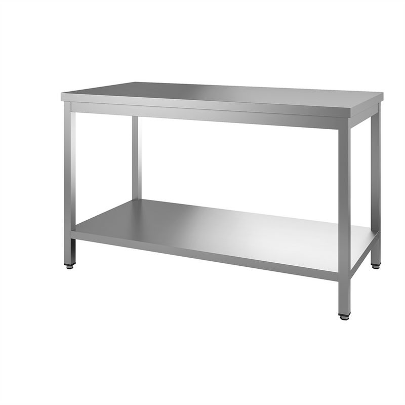 000155 - table inox centrale avec étagères pieds carrées 1400x700x850/900mm (1 x 1 unité )